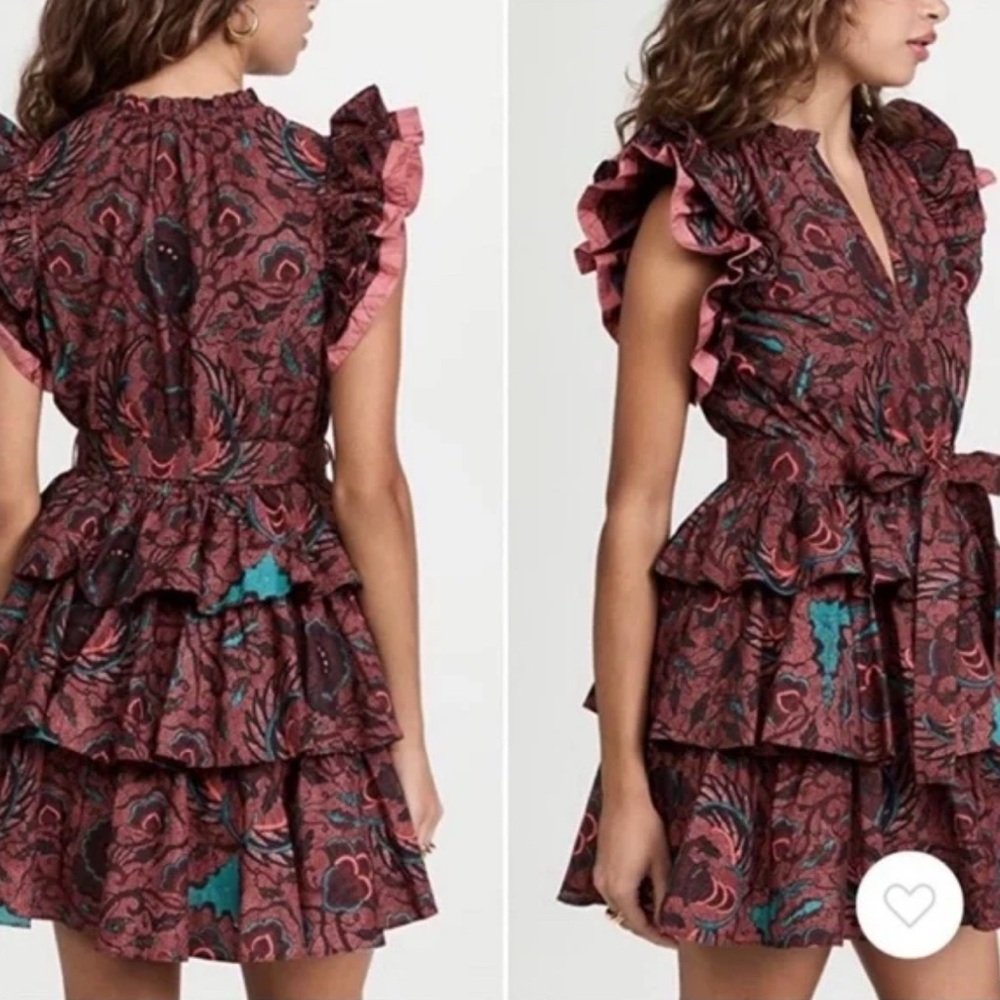Ulla Johnson Red Teal Floral Tiered Ruffle Honoria Dress 6 Brown Belted Mini